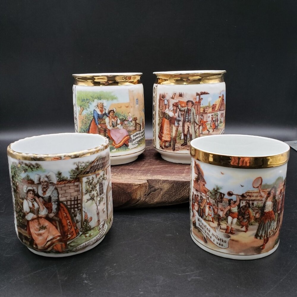 Set of 4 Czech Porcelain Mugs – Gold Trim Humorous Scenes w/ Folk Costumes VTG